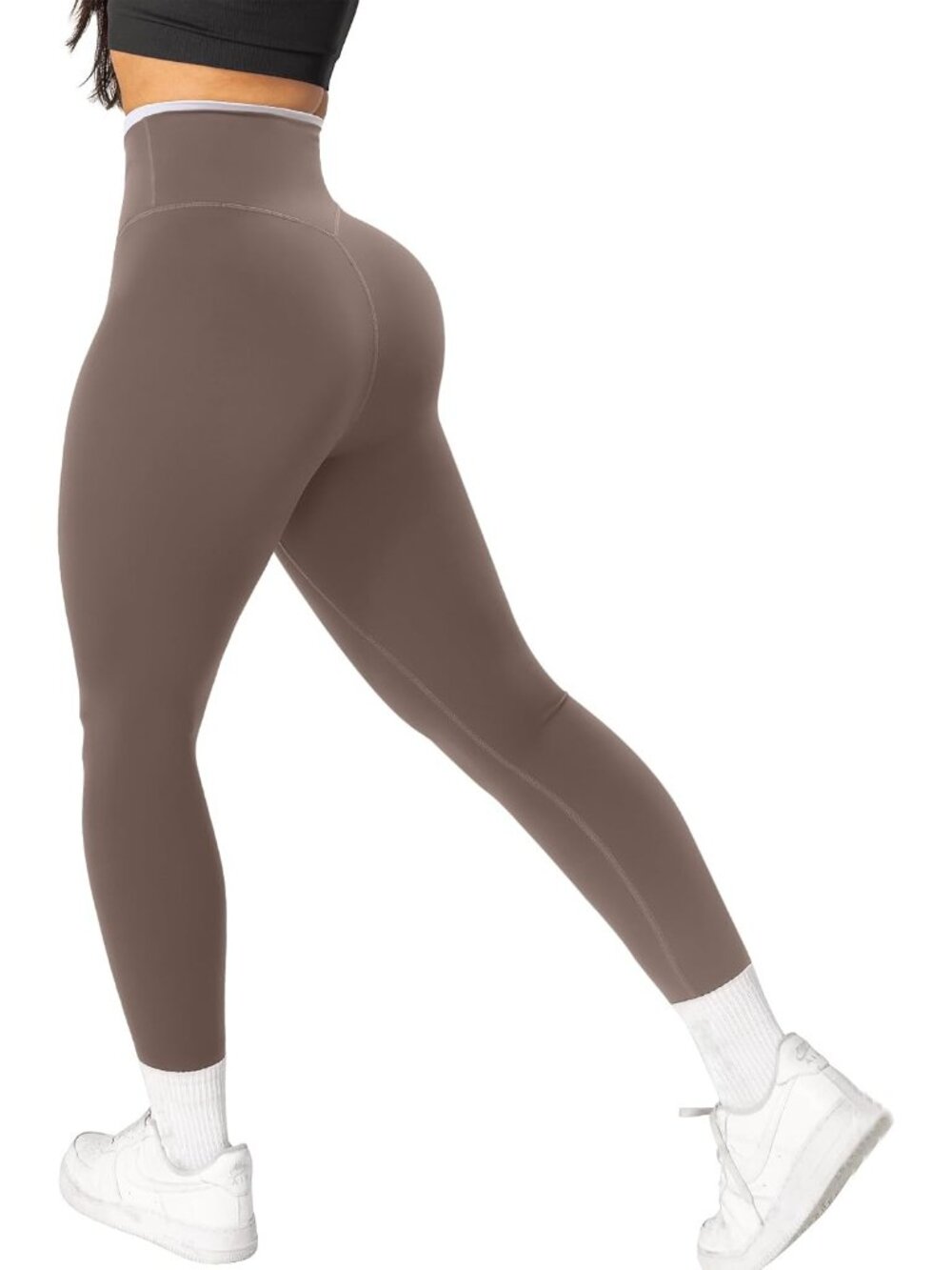 Women's Brown Pull On High Waisted Tummy Control Yoga Pant Workout Legging